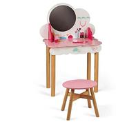 Janod - Coiffeuse Enfant en Bois P'tite Miss - 10 Accessoires Inclus -Imitation et Eveil - Dès 3 Ans, J06553, Rose et Blanc