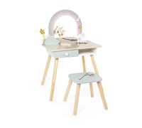 Janod Coiffeuse pour enfant Licorne – Bois, grand miroir, tabouret, accessoires – Bleu