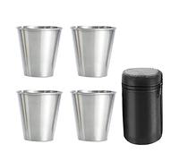 JANZU Gobelets à Shot en Acier Inoxydable, Lot de 4 Tasses, Verres à Shot en MéTal, Empilables, Flacon de Hanche avec Sac en Cuir pour L'ExtéRieur