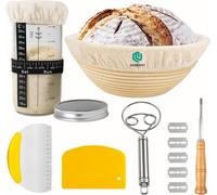 JAOBHAHY 23cm Panier de fermentation rond Set avec démarreur de levain, thermomètre, fouet & couteau de boulangerie