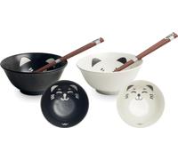 Japan-Bowls AsiATICA Kawaii Cat Black & White Lot de 2 bols en porcelaine Ø 15 cm, hauteur 7 cm, avec baguettes et boîte cadeau, fabriqué au Japon, ramen, riz, miso, donburi (Kawaii Cat)