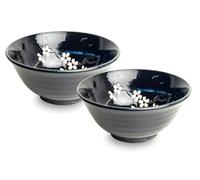 Japan-Bowls AsiATICA - Lot de 2 bols à ramen en porcelaine de 15 cm - Bol asiatique de qualité supérieure pour riz, pâtes, tapas, udon, céréales - Avec motifs japonais - Anémone bleue