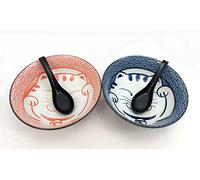 JapanBargain 4694 Lot de 2 grands bols à soupe et cuillères en porcelaine japonaise Motif chat porte-bonheur Bleu et rose Fabriqué au Japon 1020,6 g