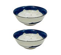JapanBargain Lot de 2 grands bols japonais en porcelaine, 19,1 cm, ramen Udon, nouilles, riz, soupe, poke, céréales, motif chat porte-bonheur souriant, bleu, fabriqué au Japon