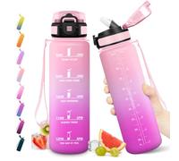 JAPORIA Gourde Sport 1L, Gourde avec Paille, Bouteille d'eau Marqueur de Temps, Étanche & Réutilisable, pour Bureau, Randonnée, Extérieur, Fitness