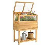 Jardin surélevé avec serre en bois, surélevé, avec couvercle rabattable, étagère de rangement, toile non tissée, ergonomique