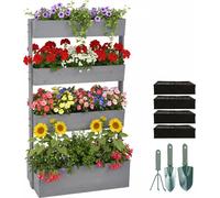 Jardin vertical Relaxdays, en bois, dimensions : 140 x 85 x 48 cm, jardinière surélevée à 4 bacs, jardinière à étages pour balcon ou terrasse, avec toile de paillage et accessoires, gris