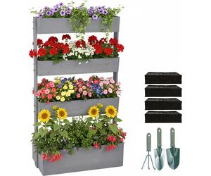 Jardin vertical Relaxdays, en bois, dimensions : 140 x 85 x 48 cm, jardinière surélevée à 4 bacs, jardinière à étages pour balcon ou terrasse, avec toile de paillage et accessoires, gris