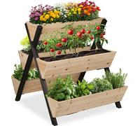 Jardin vertical Relaxdays, en bois, H x l x P : 82 x 75 x 90 cm, jardinière surélevée à 5 bacs, jardinière à étages pour balcon ou terrasse, couleur naturelle/noir