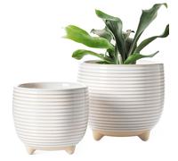 Jardinier en céramique sur pieds, lot de 2, 12 + 16 cm, blanc, avec trou de drainage
