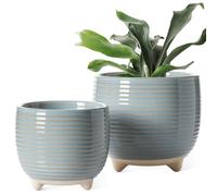 Jardinier en céramique sur pieds, lot de 2, diamètre 12 + 16 cm, bleu et gris, avec trou de drainage