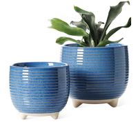 Jardinier en céramique sur pieds, lot de 2, diamètre 12 + 16 cm, couleur bleue, avec trou de drainage