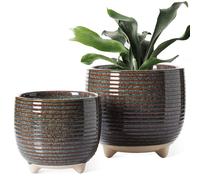 Jardinier en céramique sur pieds, lot de 2, noir, avec trou de drainage, tailles : 12 cm et 16 cm