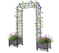 Jardinière COSTWAY, arche à roses 2 en 1 avec treillis, toit suspendu, espalier et 2 bacs à plantes, arche de jardin sur roulettes, métal et rotin PP, gris