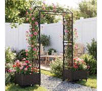 Jardinière COSTWAY, arche à roses 2 en 1 avec treillis, toit suspendu, espalier et 2 bacs à plantes, arche de jardin sur roulettes, métal et rotin PP, marron