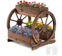 Jardinière COSTWAY avec roue de charrette, bac à fleurs surélevé en bois, bac à plantes avec 3 bacs à fleurs et trous de drainage, parterre de fleurs, jardin, style rustique, décoration 61,5 x 55 x 62