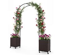 Jardinière COSTWAY avec treillis, hauteur 230 cm, arche à roses 2 en 1 avec 2 bacs à fleurs, treillis et système d'arrosage automatique, arche de jardin sur roulettes, métal et rotin PP