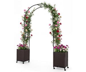 Jardinière COSTWAY avec treillis, hauteur 230 cm, arche à roses 2 en 1 avec 2 bacs à fleurs, treillis et système d'arrosage automatique, arche de jardin sur roulettes, métal et rotin PP