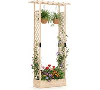 Jardinière COSTWAY, bac à plantes avec treillis, support pour plantes grimpantes et toit suspendu, bac surélevé pour plantes grimpantes, bac à plantes brise-vue 110 x 35 x 227 cm, naturel