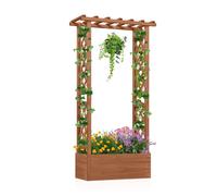 Jardinière COSTWAY, bac à plantes avec treillis, toit suspendu, support pour plantes grimpantes, bac surélevé pour plantes grimpantes, bac à plantes en bois, marron, 66 x 32 x 152 cm