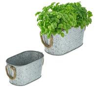 Jardinière En Zinc, Lot De 2, Design Martelé, Décoration, Anses Jute, Deux Tailles Différentes, Argenté - Relaxdays