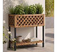 Jardinière HWC-P86, bac à fleurs, pour l'intérieur et l'extérieur, en bois d'acacia ®, 78 x 82 x 32 cm ~ brun clair