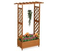 Jardinière Relaxdays avec treillis et toit, dimensions : 183 x 110 x 44 cm, bac à fleurs avec treillis, pour balcon et jardin, en bois, marron