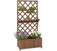 Jardinière surélevée HWC-P68, bac à fleurs, treillis, tuteur, étagère, bacs suspendus, bois 135 x 70 x 30 cm ~ marron
