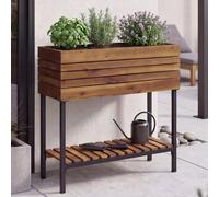 Jardinière surélevée HWC-P84, bac à fleurs, jardinière, pot de fleurs, meuble de rangement d'extérieur en bois d'acacia ® 79 x 80 x 31 cm ~ marron