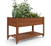 Jardinière surélevée à roulettes - Bac à plantes surélevé - 122 x 61 cm - Avec tablette de rangement - Pour balcon et terrasse - Bois chêne rouge