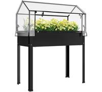 Jardinière surélevée avec toit de serre, bac à plantes surélevé, 100 x 48 x 124 cm, noir, couvercle transparent avec porte, trou de drainage, métal thermolaqué
