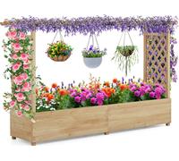 Jardinière surélevée COSTWAY avec treillis et auvent, bac à fleurs pour plantes grimpantes et paniers suspendus, bac à fleurs naturel 200 x 44 x 114 cm