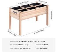 Jardinière surélevée en bois avec 6 pots de fleurs - Table de culture - Sur pieds - Avec plateau - 120 x 58 x 76 cm
