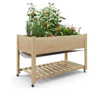 Jardinière surélevée en bois sur roulettes 122 x 61 cm - Bac à plantes - Avec tablette - Pour balcon et terrasse - Pour fleurs et légumes - Teinte naturelle