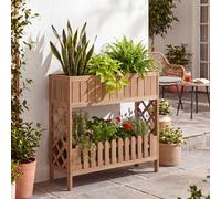 Jardinière surélevée HWC-P83, bac à fleurs/à plantes, étagère à fleurs, pour l'extérieur, en bois d'acacia ®, 90 x 95 x 31 cm ~ brun clair