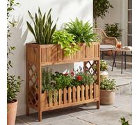 Jardinière surélevée HWC-P83, bac à fleurs/plantes, étagère à fleurs, pour l'extérieur, en bois d'acacia ®, 90 x 95 x 31 cm ~ marron