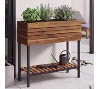 Jardinière surélevée HWC-P84, bac à fleurs, jardinière, pot de fleurs, meuble de rangement d'extérieur en bois d'acacia ® 79 x 80 x 31 cm ~ marron