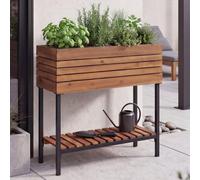 Jardinière surélevée HWC-P84, bac à fleurs, jardinière, pot de fleurs, meuble de rangement d'extérieur en bois d'acacia ® 79 x 80 x 31 cm ~ brun clair