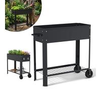 Jardinière surélevée JOIEYOU avec roulettes 80 x 35 x 80 cm et poignée – Jardinière en métal galvanisé, mobile, pour potager, jardin ou balcon, avec tablette, 56 L, noir