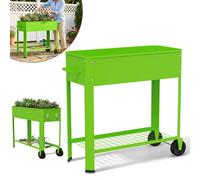 Jardinière surélevée JOIEYOU avec roulettes 80 x 35 x 80 cm et poignée – Jardinière en métal galvanisé, mobile, pour potager, jardin ou balcon, avec tablette, 56 L, verte