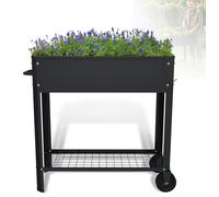 Jardinière surélevée LZQ en métal avec roulettes, 80 x 35 x 80 cm, noire ; bac à plantes en acier galvanisé pour herbes aromatiques et légumes, avec tablette, crochets et finition résistante aux intem