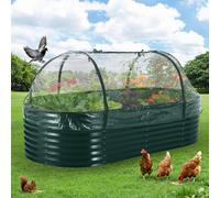 Jardinière surélevée ovale - Bac à plantes - Acier galvanisé - Couverture avec portes en filet à fermeture éclair - Fond ouvert - Petite - Vert foncé avec couverture jaune