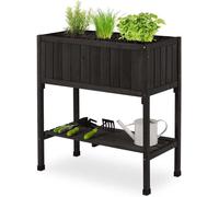 Jardinière surélevée sur pieds avec film plastique et espace de rangement - 80 x 74 x 38 cm - en bois de pin noir pour le jardin, le balcon et la terrasse