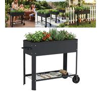 Jardinière surélevée TRMLBE, noire, en tôle d'acier galvanisée avec espace de rangement et roulettes, pour jardin, terrasse ou balcon, 80 × 35 × 80 cm, avec roulettes