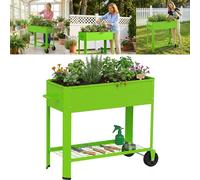 Jardinière surélevée TRMLBE, verte, en tôle d'acier galvanisée avec espace de rangement et roulettes, pour jardin, terrasse ou balcon, 80 × 35 × 80 cm, avec roulettes