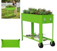 Jardinière surélevée XINZI en tôle d'acier galvanisée avec espace de rangement, trous de drainage, résistante aux intempéries et à la rouille, pour herbes aromatiques et fleurs, verte (avec roulettes)