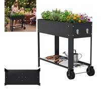 Jardinière surélevée XINZI en tôle d'acier galvanisée avec espace de rangement, trous de drainage, résistante aux intempéries et à la rouille, pour herbes aromatiques et fleurs, noire (avec roulettes)