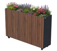 Jardinière surélevée Zelsius en acier galvanisé avec roulettes, 120 x 30 x 80 cm, anthracite RAL 7016, aspect bois de noyer