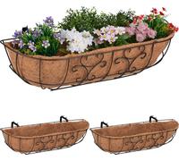 Jardinières de balcon Relaxdays, lot de 3, jardinières à suspendre, fer et fibre de coco, dimensions 21 x 76 x 22 cm, marron/naturel