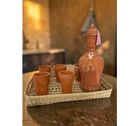 Jarre à Eau marocain Fait Main avec Robinet - Terre Cuite - Fontaine à Eau Traditionnelle avec 3 Tasses et Plateau - Filtration Naturelle - Décoration Orientale (Modéle 2)